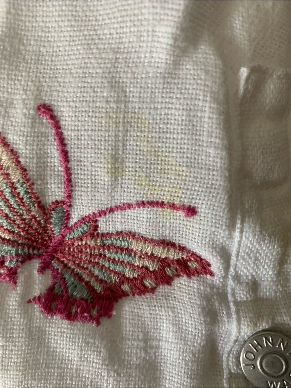 Johnny Was White Embroidered Linen Jean Jacket with Multicolor Motifs - Picture 7 of 10